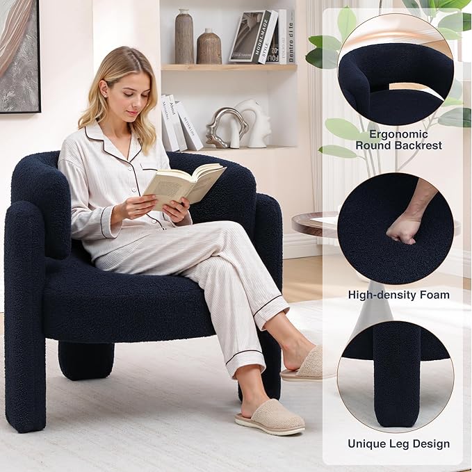 Accent Chairs Set of 2, Modern Sherpa Barrel Chairs, Upholstered Living Room Chairs with 3 Legs, Comfy Armchair Reading Side Chair for Bedroom, Office, Apartment, Blue