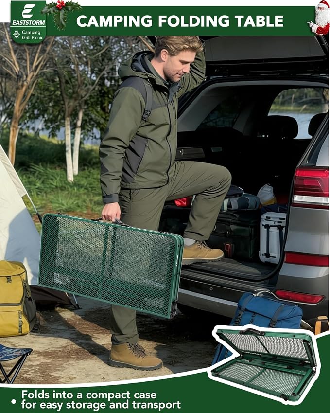 Square Folding Card Table with Adjustable Height (12" & 26"), Green Portable Metal Mesh Table for Camping, BBQ, Picnic, Game, Patio & Indoor Use, Fits 2–4 People, Lightweight 7.6 lb, Supports 66 lb - Image 6