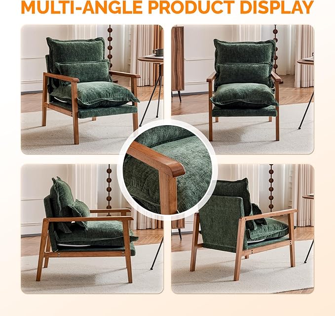VINGLI Mid-Century Modern Cloud Accent Armchair with Lumbar Pillow, 6.3'' Thick Seat Cushion Comfy Reading Chair with Wooden Armrests，Boho Lounge Chair for Bedroom, Living Room, Chenille, Dark Green