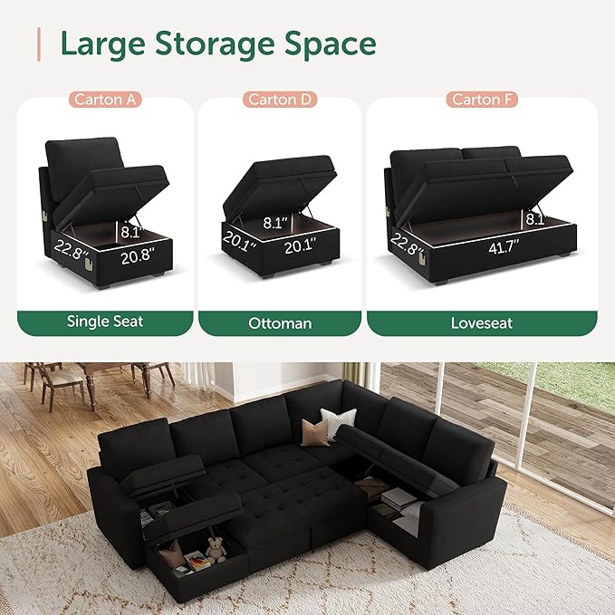 HONBAY Modular Sectional Couch with Pull Out Bed Sleeper Sofa with Storage U Shaped Modular Sectional Couches for Living Room,Velvet Black