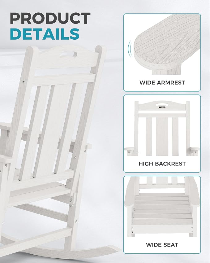Ciokea Oversized Outdoor Rocking Chairs Set of 3, 380lbs Heavy-Duty Large Patio Rocker, High Back Cozy Porch Chairs, Weather Resistant Patio Rocking Chairs for Outside, Fire Pit, Deck, White - Image 6