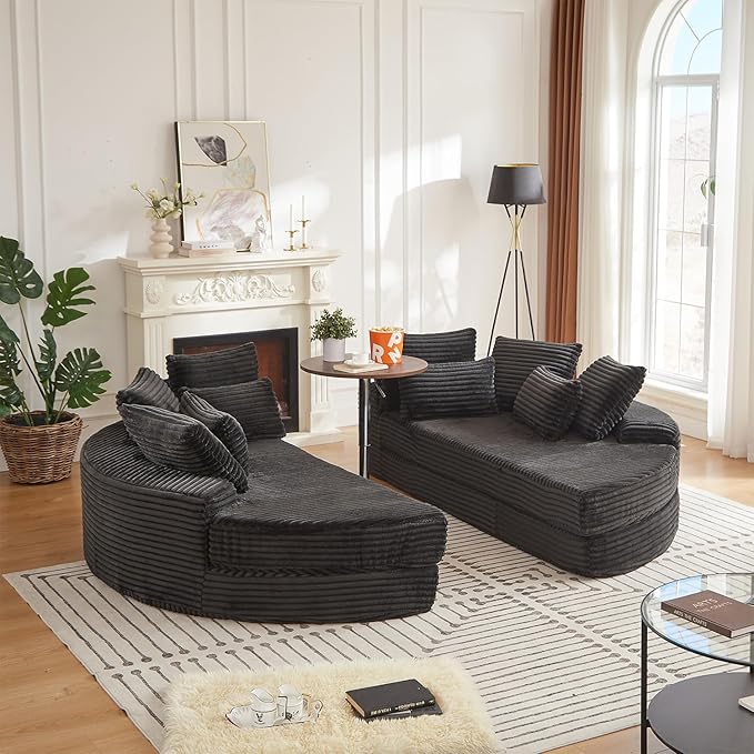ERYE Oversized Round Sofa Chaise Daybed Comfy Corduroy Couch Boneless Sleeper Recliner Sofabed with 10 Pillows and Headrests