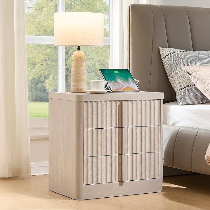 YANSNWO 23.6" Nightstand with Charging Station, Bedside Table with 3 Large Storage Drawers, Mid Century Modern Night Stand with Solid Wood Handle, End Table for Bedroom, Living Room, Closet - Image 4