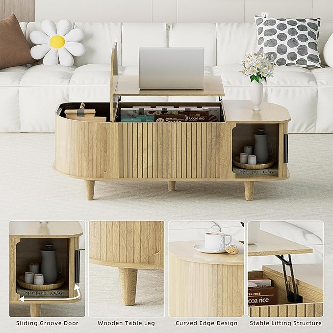 Lift Top Coffee Table, Oval Mid Century Modern Center Table with 3 Hidden Storage, 41" Coffee Tables with Sliding Door and Open Cabinet for Living Room Bedroom Office, Natural Wood