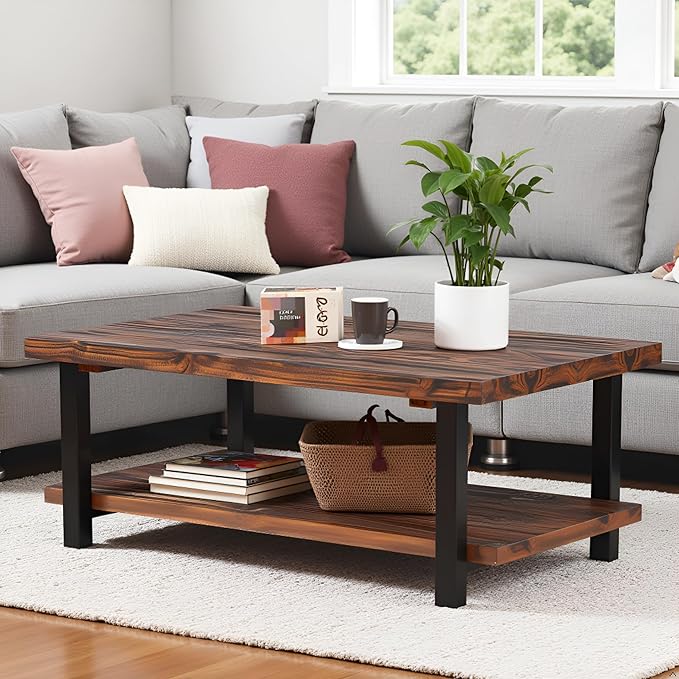 Alaterre Furniture Pomona Living Room Tables – 48 Inch Rectangular Solid Wood Coffee Table with Storage Shelf & Metal Legs – Rustic Industrial Farmhouse Large Living Room Table (Rustic Brown)