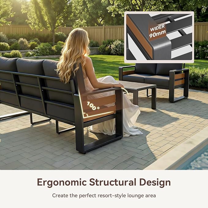 Aoxun Aluminum Patio Furniture Set, 5 Seats Sectional Metal Patio Furniture with Coffee Table, 6'' Thick Cushions and 3-Seat Sofa, Modern Outside Sectional Set for Backyard/Garden/Poolside, Dark Grey
