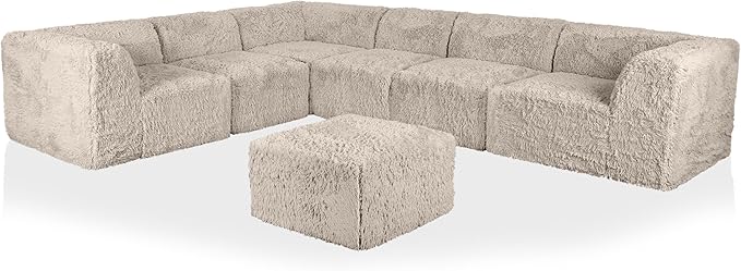 Furniture of America Havyn Modern Faux Fur 7-Seater L-Shaped Modular Foam Sectional Sofa with Ottoman, Compressed Couch in a Box, No Assembly Required, for Living Room and Office, Taupe
