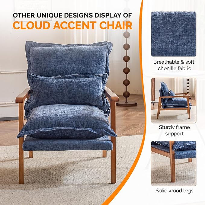 VINGLI Mid-Century Modern Cloud Accent Armchair with Lumbar Pillow, 6.3'' Thick Seat Cushion Comfy Reading Chair with Wooden Armrests，Boho Lounge Chair for Bedroom, Living Room, Chenille, Gray-Blue