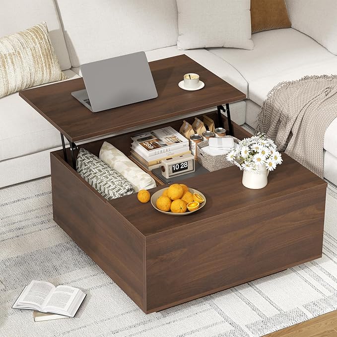 FABATO Lift Top Coffee Table, Wood Square Coffee Table with Storage, Farmhouse Coffee Tables with Hidden Storage Compartment, Center Table with Lifting Tabletop for Living Room, Home Office, Walnut