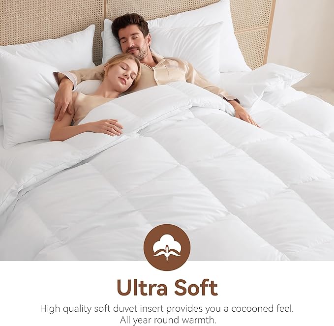 Goose Feather Down Fiber Comforter King Size, All Season Duvet Insert, 750+FP Hotel Bed Comforter, Ultra Soft 100% Organic Cotton Fabric, 106x90 Inches