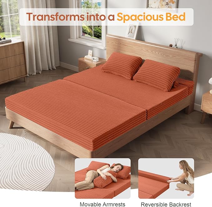 MeMoreCool Convertible Sofa Bed, Folding Floor Couch Bed Queen, Pull Out Sleeper Couch with Pillows, Fold Out Futon Sofa for Bedroom Living Room Small Space, Corduroy Orange