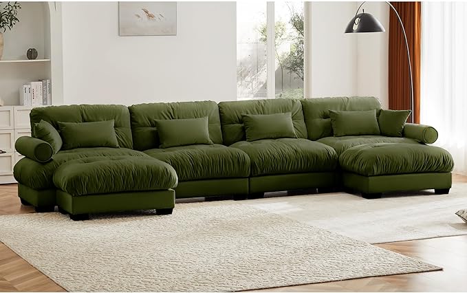 KEIKI 166" U-Shaped Oversized Velvet Modular Sectional Sofa with 2 Ottoman, High-Density Foam Cushions and Bolstered Armrests, Upholstered 4-Seater Cloud Couch with 6 Pillow, for Living Room, Green