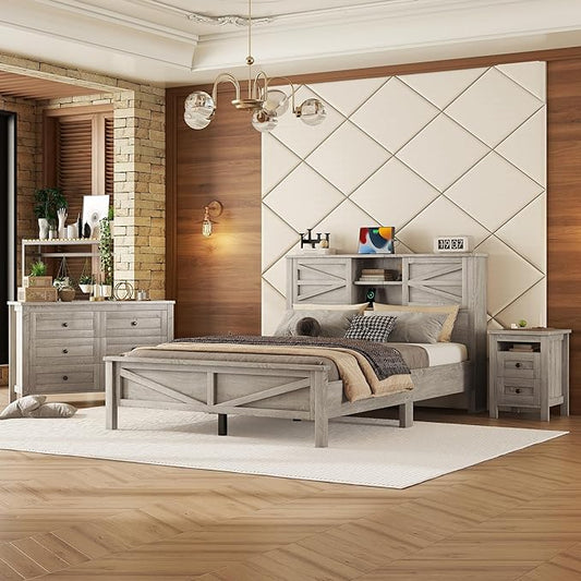 3-Pieces Bedroom Sets, Queen Size Farmhouse Platform Bed with Cabinet and Nightstand, Wood Bedroom Furniture Set with Storage Headboard, No Box Spring Needed (Antique Gray/78)