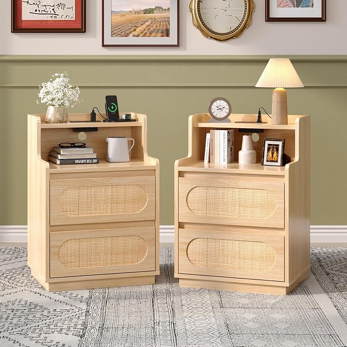 VINGLI Night Stand Set of 2, Rattan Nightstands with Charging Station, 17.72" W Boho Wood Nightstand for Bedroom, Bed Side Table with Charging Station, Wooden Night Stands Oak, Real Rattan End Table by VINGLI