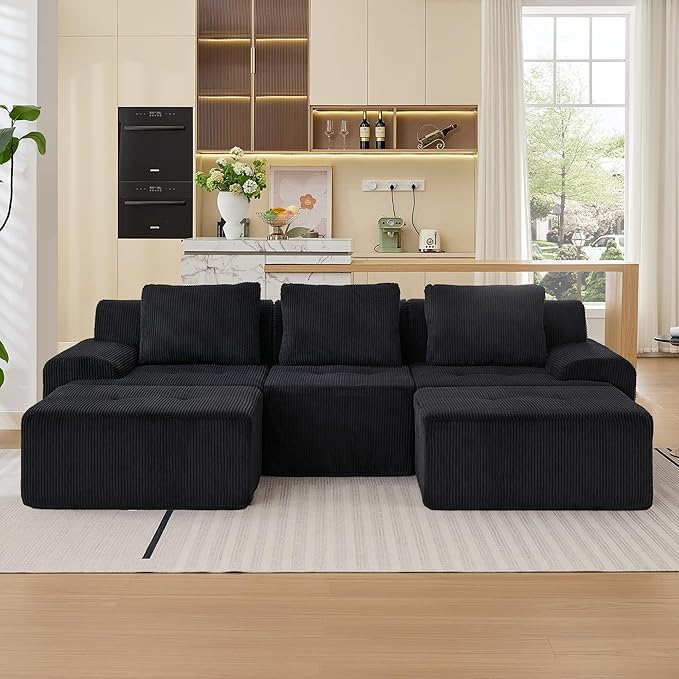 Modular Sectional Sofa, 6 Seat Modular Couch, Modular Sofa with Deep Seat and Detachable Pillow (Black, 5 Pieces-U Shape)