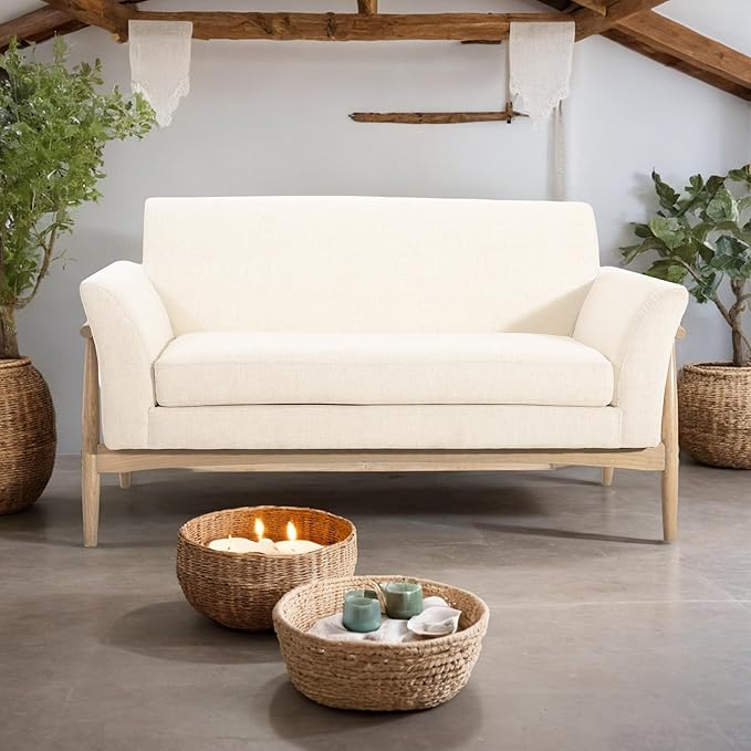 Christopher Knight Home Canna Fabric Flared Arms Loveseat, Comfy Upholstery 2 Seater Sofa, Wooden Frame Living Room Chair, Soft Seating Lounge Sofa for Bedroom/Office, Beige + Natural