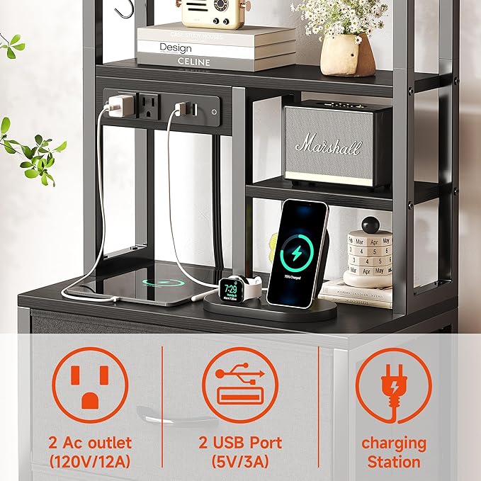COTUBLR Night Stand, Tall Nightstand with Charging Station and LED Lights, Side Table with 4-Tier Shelves and 3 Fabric Drawers, 45.3" Tall Bedside End Tables for Bedroom, Hallway, Office, Black - Image 5