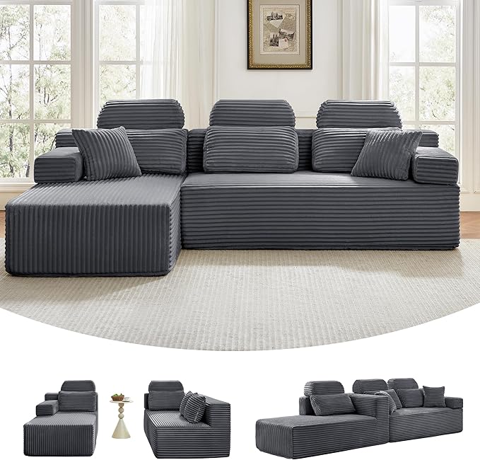 104" L-Shaped Cloud Modular Sectional Sofa with Chaise & Headrest, Boneless Deep Seat Plush Corduroy Couches for Large Living Room, No Assembly Required (Dark Gray, 104" L-shapred Chaise)