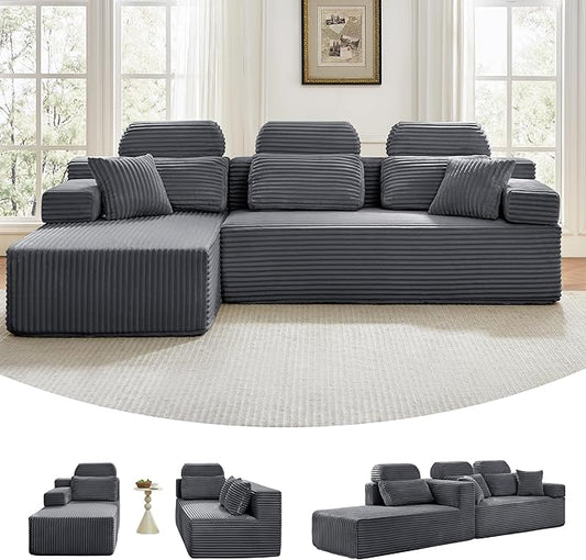 104" L-Shaped Cloud Modular Sectional Sofa with Chaise & Headrest, Boneless Deep Seat Plush Corduroy Couches for Large Living Room, No Assembly Required (Dark Gray, 104" L-shapred Chaise)