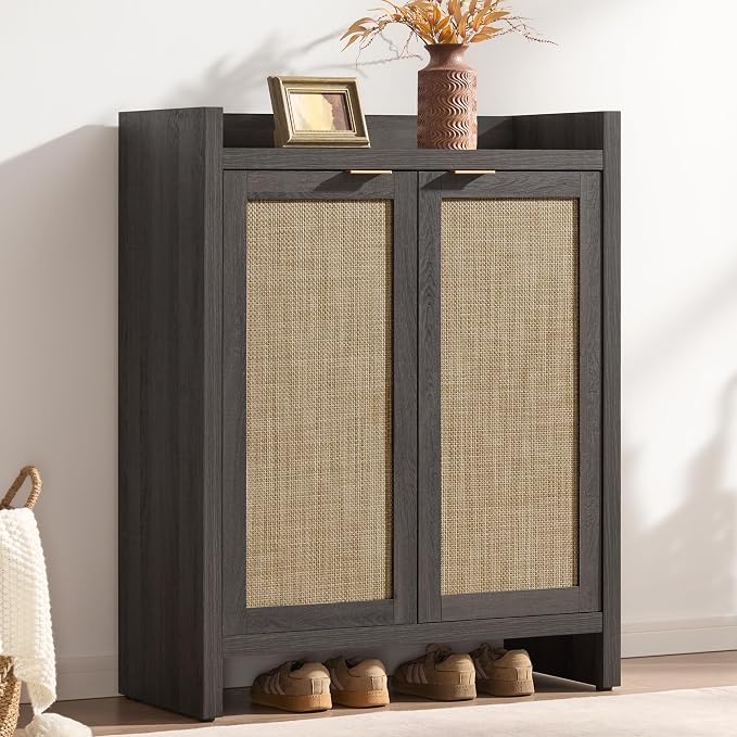SICOTAS 41" Tall Shoe Cabinet, 24 Pair Shoe Storage Cabinet with Doors and 6-Tier Shelves, Rattan Shoe Cabinet Storage for Entryway, Farmhouse Boho Wooden Cabinet for Hallway, Black Oak by SICOTAS