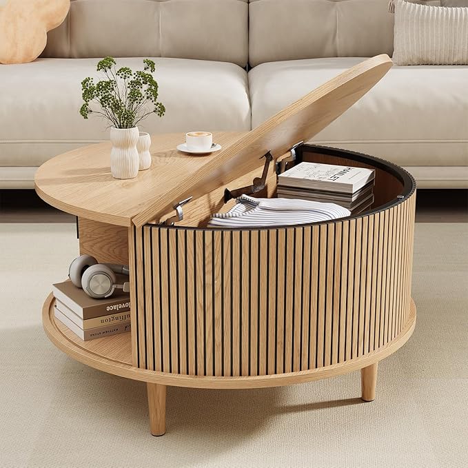 Round Coffee Table with Storage, Mid Century Modern Coffee Table, Fluted Dining Table with Sliding Door, Circle Coffee Table for Living Room Home Office, 31.5", Oak
