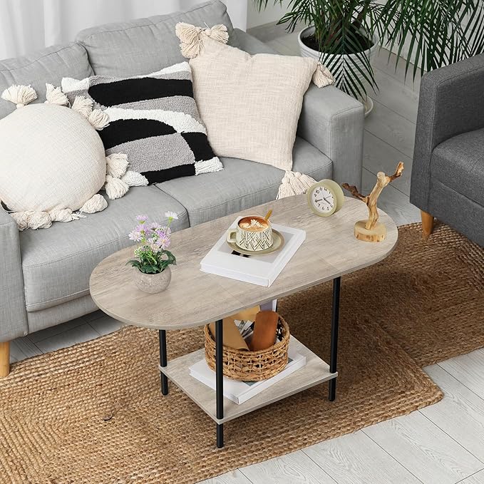 ETELI Round Coffee Table for Small Space Farmhouse Oval Coffee Table with 2-Tier Shelf Circle Center Tea Table for Living Room, Grey