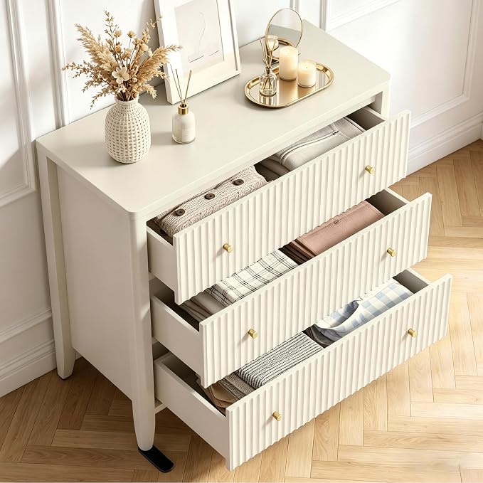 Fatmok Fluted 3 Drawer Dresser for Bedroom, 34" Wide Chest of Drawers, Modern Wood Nightstand End Table with Metal Handles, Striped Storage Cabinet for Living Room, Hallway, Entryway, Alabaster White - Image 4
