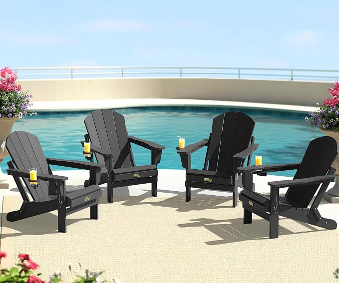 SERWALL Folding Adirondack Chair Set of 4, Weather Resistant HIPS Patio Chairs with Cup Holder for Garden Outdoors Fire Pit - Black by SERWALL