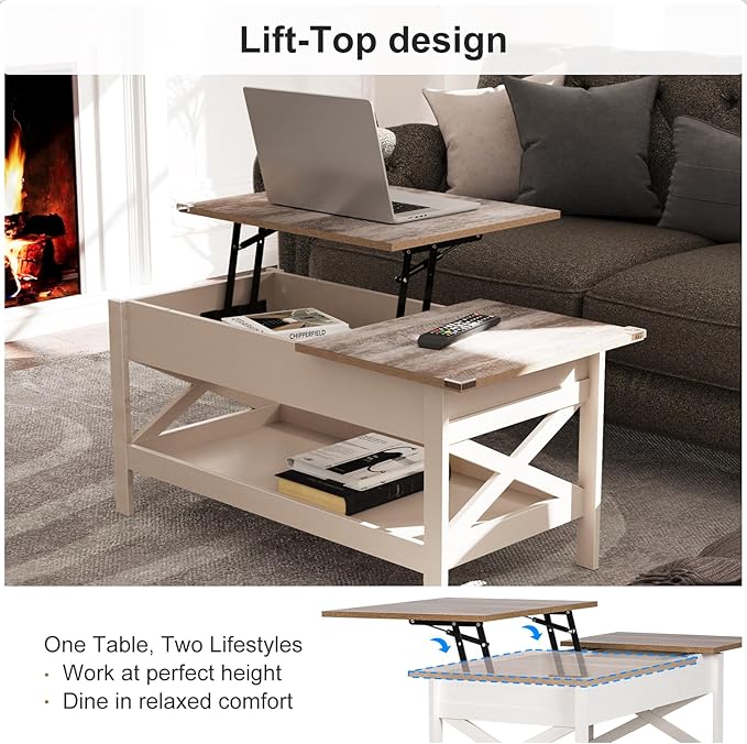 Lift Top Coffee Table with Storage, Small Coffee Table with Hidden Compartment, Dining Center Tables with Lifting Tabletop for Living Room, Home Office