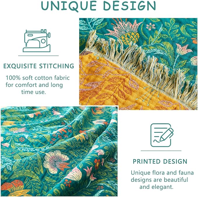 Boho Throw Blanket - 50"x60" 100% Cotton Soft Breathable Lightweight Bed Blanket, Reversible Muslin Spring Blankets Green Floral Farmhouse Decor Rustic Quilt for Bed Couch