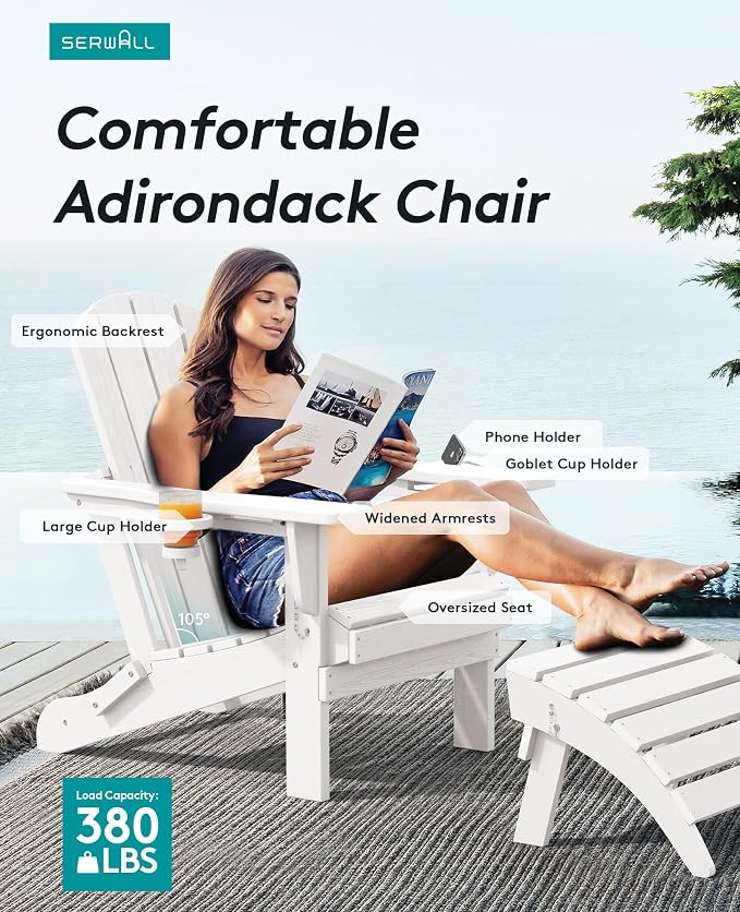SERWALL Adirondack Chair with Cup Holders - Composite Adirondack Chairs Set of 2 HDPE Outdoor Chairs All Weather Use- White - Image 4