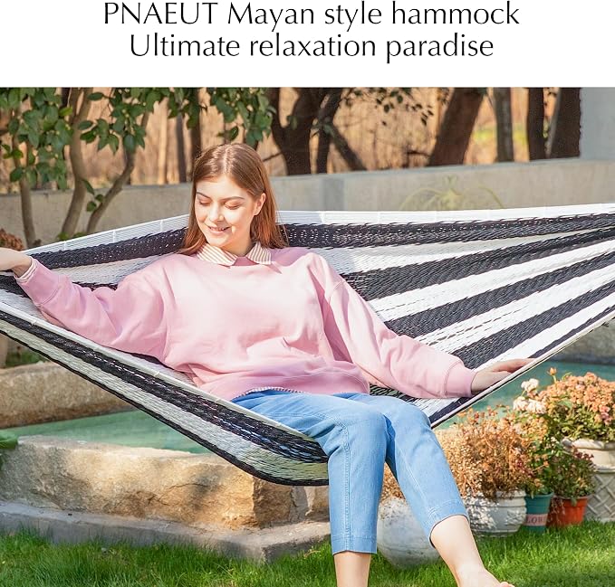 PNAEUT Handwoven Mayan Hammock, Thick Soft Rope Double Hammock for Outdoor Outside & Indoor, 600 lbs Capacity Heavy-Duty, Includes Tree Straps, Carabiners & Carrying Bag (Black and White, X-Large) - Image 3
