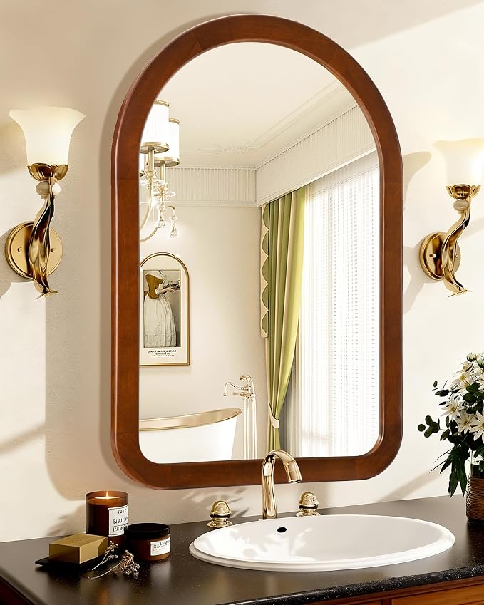 Arched Mirror 24 x 36 Inch,Walnut Brown Wood Rustic Bathroom Tempered Wall Mirror with Wood Frame,Round Corner Arch Farmhouse Wooden Vanity Mirror for Living Room,Entryway or Bedroom - Image 4