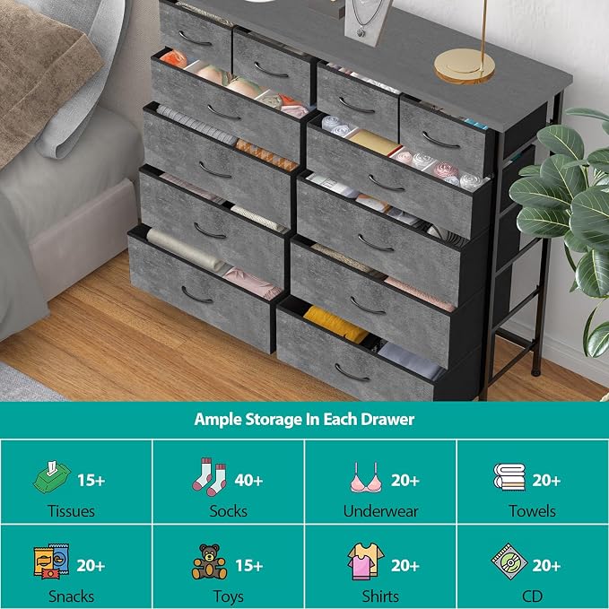 VASICAR Gray Dresser for Bedroom with 12 Deep Drawers, Wide Chest of Drawers, Wood Top TV Stand, Tall Fabric Storage Cabinet for Closet, Nursery, Kid's Room - Image 5