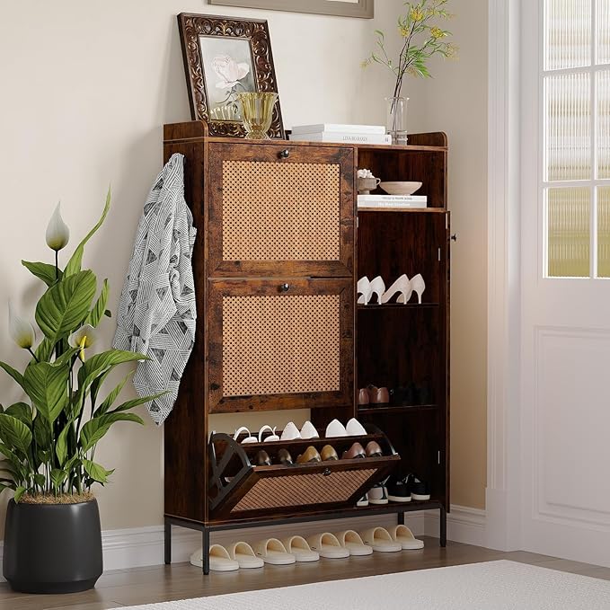 GarveeLife 3-Tier Rattan Shoe Cabinet with Flip Drawers, Adjustable Shelves and Narrow Storage Design, Perfect for Entryways, Hallways, and Bedroom Organization in Wood