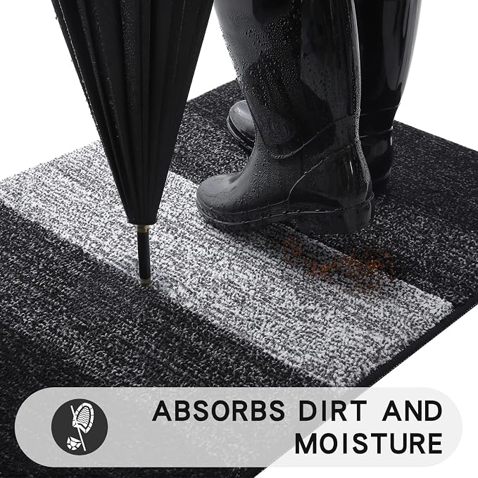 Kitinjoy Indoor Outdoor Door Mat, 47x20 Non-Slip Absorbent Dirt Trapper, Low-Profile Washable Inside Entrance Front Floor Mat, Sturdy Soft Entry Doormats for Entryway, Black - Image 2