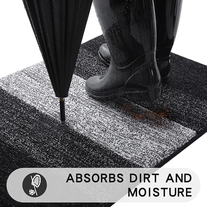 Kitinjoy Indoor Outdoor Door Mat, 59x24 Non-Slip Absorbent Dirt Trapper, Low-Profile Washable Inside Entrance Front Floor Mat, Sturdy Soft Entry Doormats for Entryway, Black - Image 2