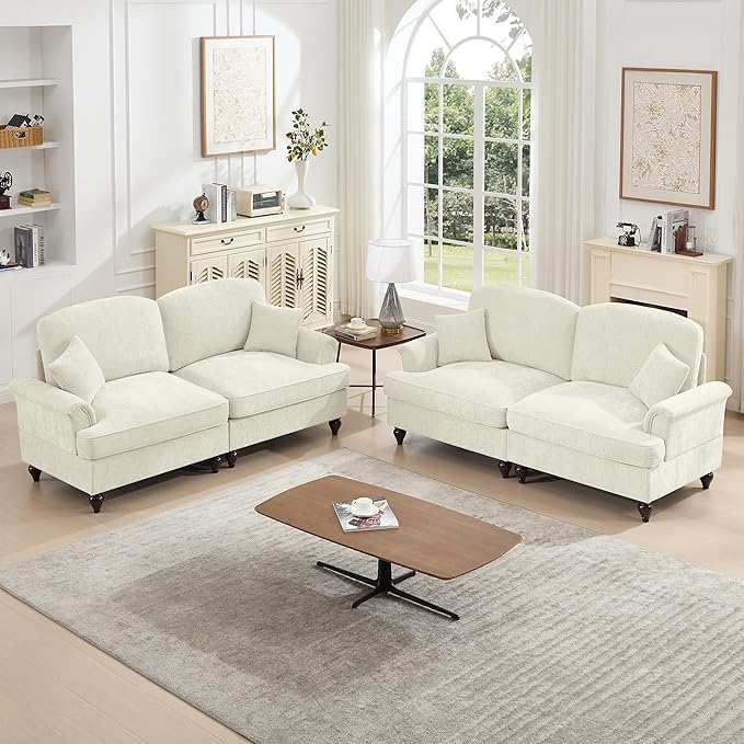 KEIKI Mid Century Modular Sofa with Flared Arms and Skirted Design, 76" Loveseat Chenille Sectional Couches Set for Living Room, Comfy Apartment Size Couch, Home Sofa Bedroom Furniture, Beige White
