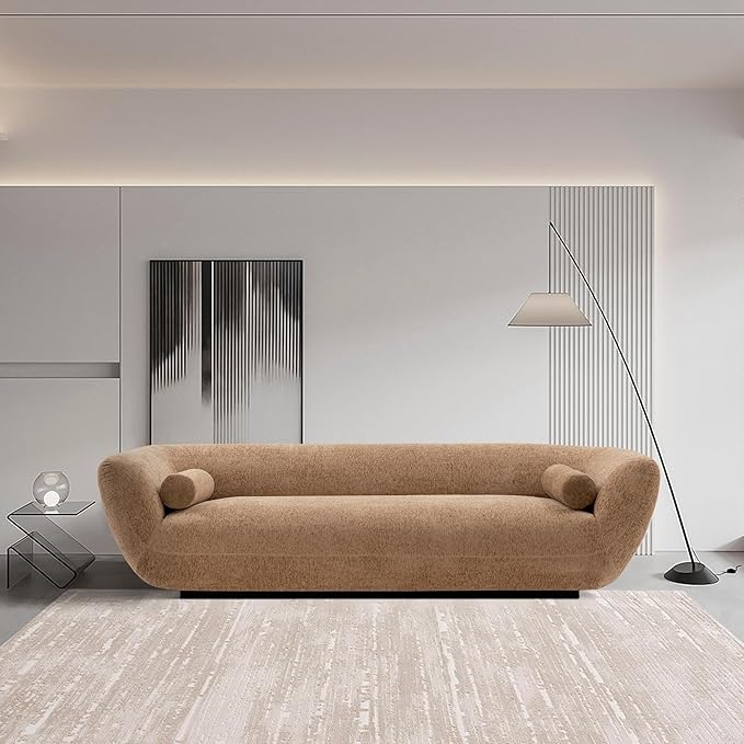 Manhattan Comfort Ulka 96-Inch Contemporary Boucle Sofa for Living Room with Premium Pine Wood Frame, Metal Base, High-Density Foam Padding & 2 Bolster Pillows, Light Brown