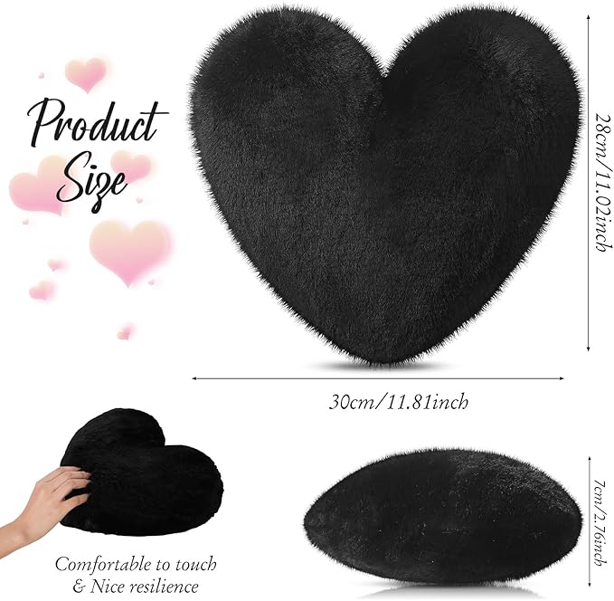 Marsui 2 Pcs Heart Throw Pillows, Soft Fluffy Faux Fur Decorative Hearts Shaped Pillows for Living Room Sofa Bed, Cute Heart Themed Gift for Women(Black,11.81 x 11.02 Inch)