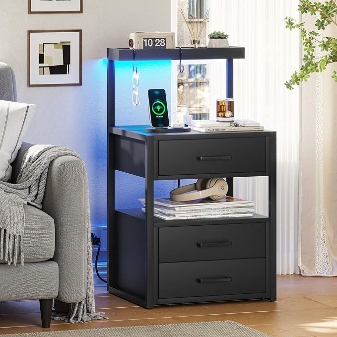 AOGLLATI Nightstand Set of 2 with Charging Station and LED Lights, Bedside Table with 3 Drawers and Open Storage Shelves, 2 USB Ports and 2 AC Outlets, LED Night Stand for Bedroom, 2 Pack, Black - Image 10