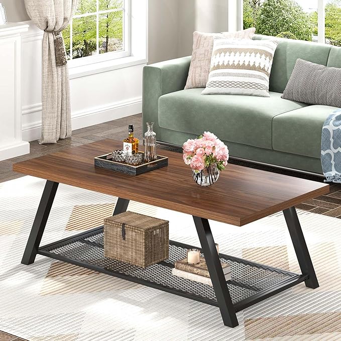 FOLUBAN Modern Coffee Tables for Lliving Room, Retro Wood and Metal Coffee Table with Storage, 2-Tier Industrial Rectangle Cocktail Tea Table, Walnut, 47 Inch