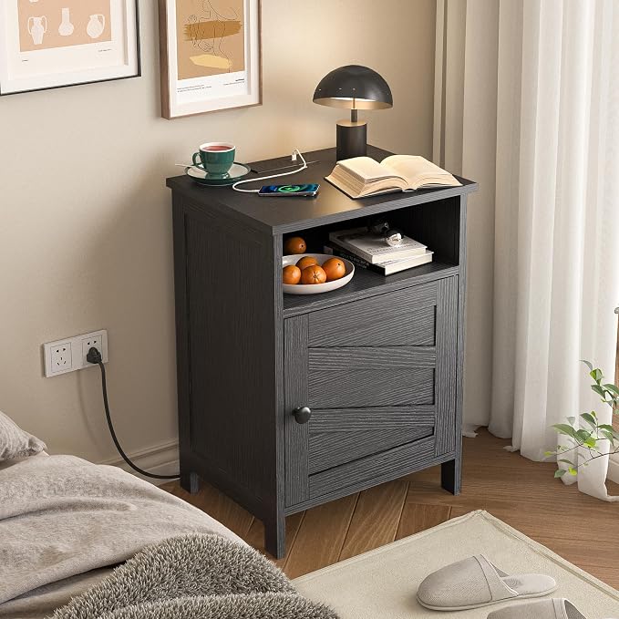 Night Stand with Charging Station, Farmhouse Nightstand with Open Shelf, Bedside Table with Enclosed Cabinet, Wooden End Table with USB Ports & Outlets for Bedroom - Image 2