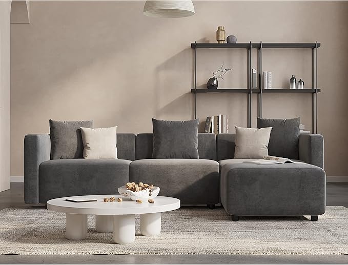 Acanva Luxury L-Shaped Upholstery Convertible Modular Sectional Sofa, Contemporary Reversible Couch with Chaise Lounge for Living Room, Apartment, 4 Piece Set, Suedette Dark Grey