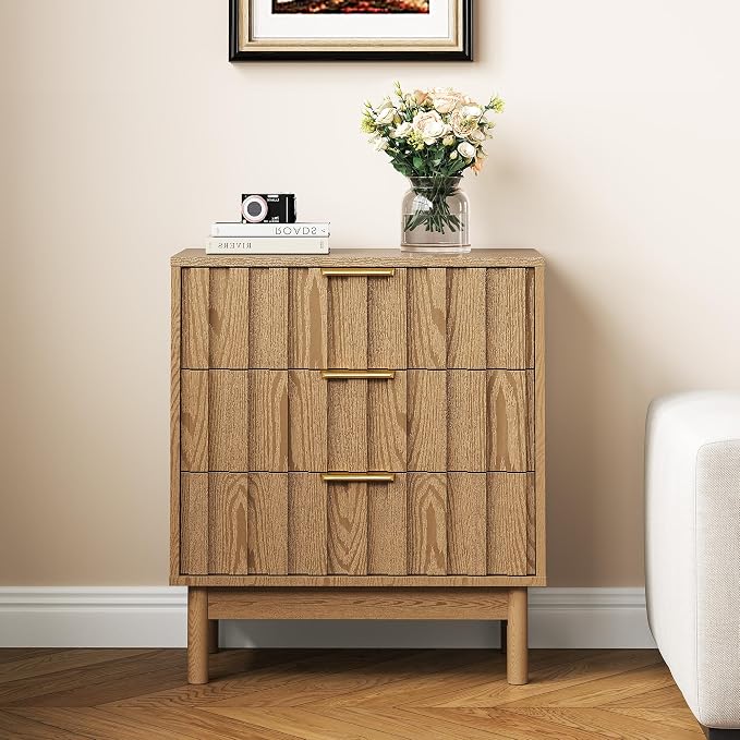 RoyalCraft 3 Drawer Nightstand, Modern Fluted Chest of Drawers, Wooden Storage Night Stand Side Table with Chic Edge Pull, Perfect for Bedroom, Living Room, Entryway, Natural Wood Tone - Image 4