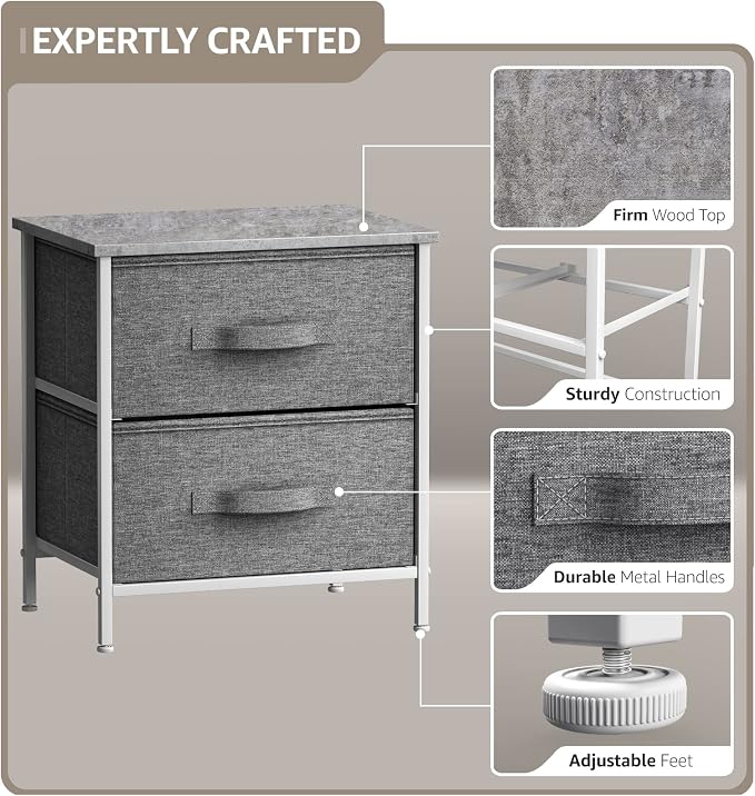 Sorbus Nightstand with 2 Drawers - Bedside Furniture End Table Night Stand with Steel Frame, Wood Top & Easy Pull Fabric Bins - Small Dresser & Chest for Home, Bedroom Accessories & Office - Image 4