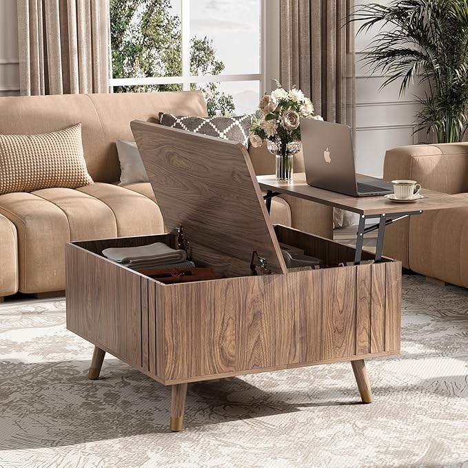 32" Square Lift Top Coffee Table with Storage, Mid Century Modern Walnut Center Table with Rising Desktop for Living Room, Brown Wood Finish