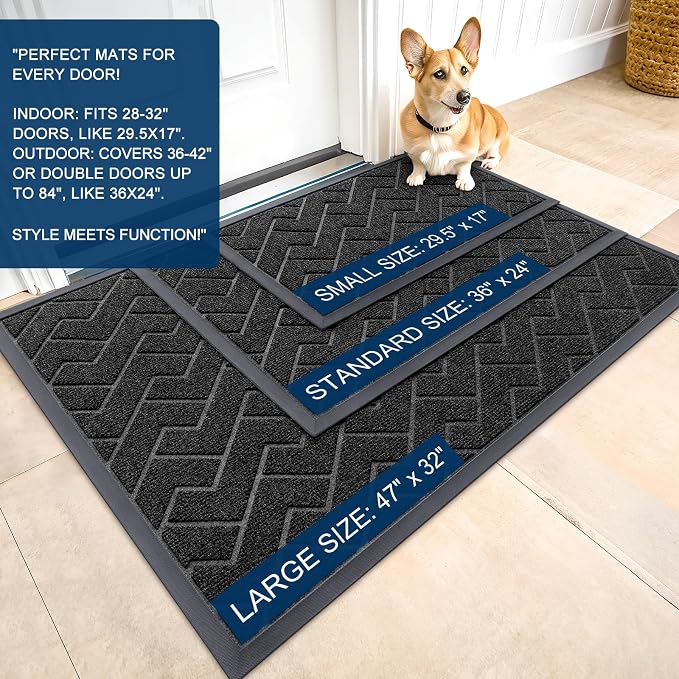 OLANLY Front Door Mat Indoor Outdoor Entrance, Waterproof All-Season, All-Weather Doormat, Sturdy Natural Rubber, Low Profile, Easy Clean Patio Porch Entryway Mat, Herringbone Brick (Black, 59x35) - Image 2