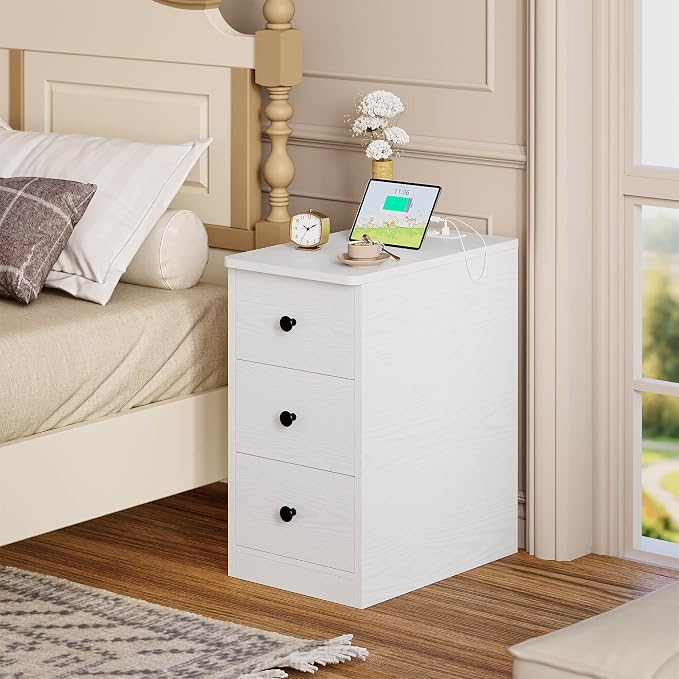 LIKIMIO Nightstand with Charging Station, Narrow Bedside Table with 3 Drawers, End Table with USB Ports and Outlets, Side Table for Living Room/Bedroom Modern - Image 8