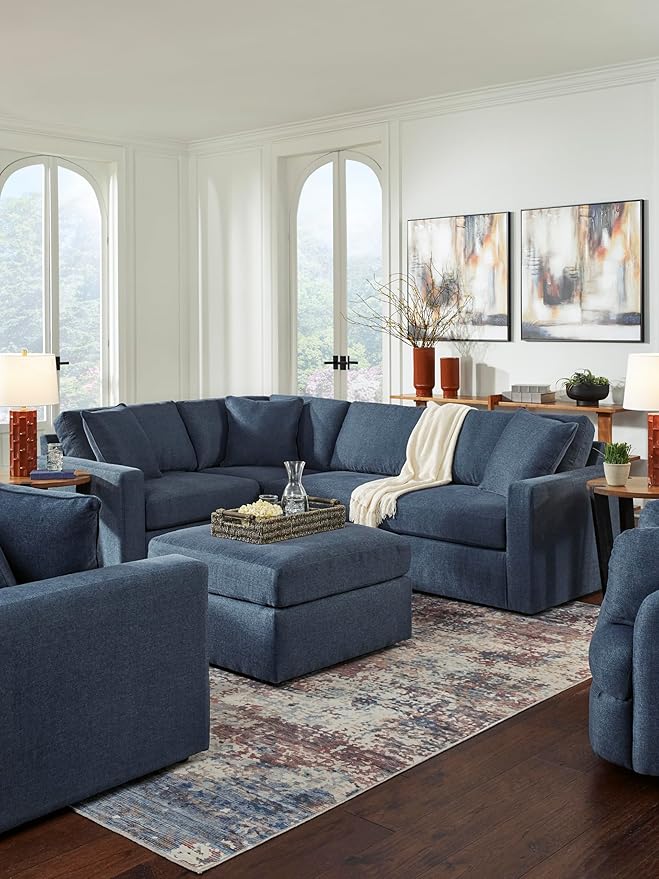 Signature Design by Ashley Modmax Contemporary Stain Resistant Square Oversized Accent Ottoman with Non-Skid Legs, Blue